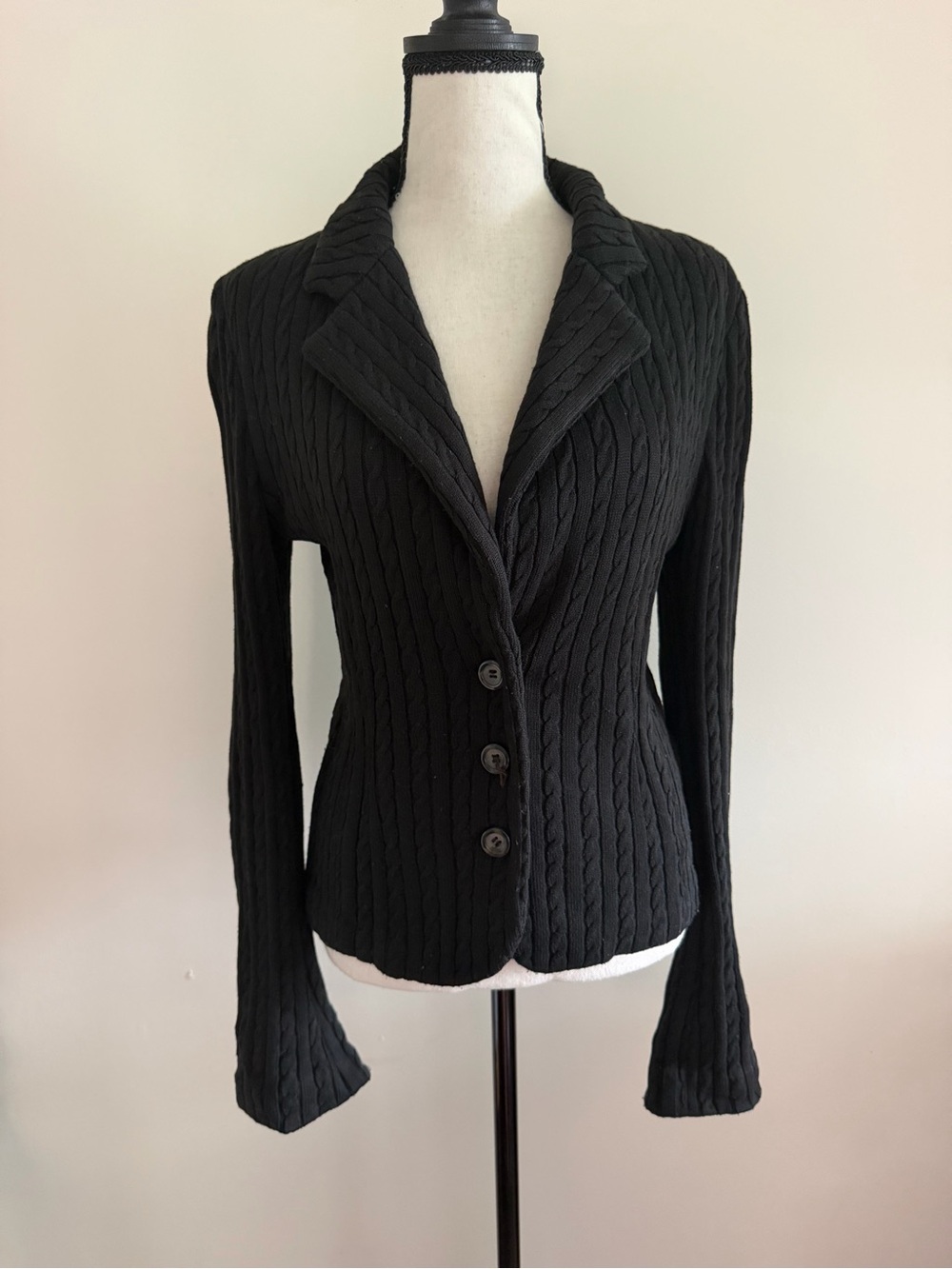 Black Cable-Knit Button-Front Sweater